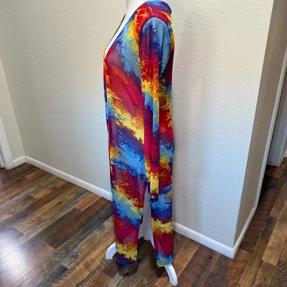 NYC Rainbow Multicolor Mesh Rave Open Front Sheer Disco Duster Cardigan Medium - Picture 3 of 16